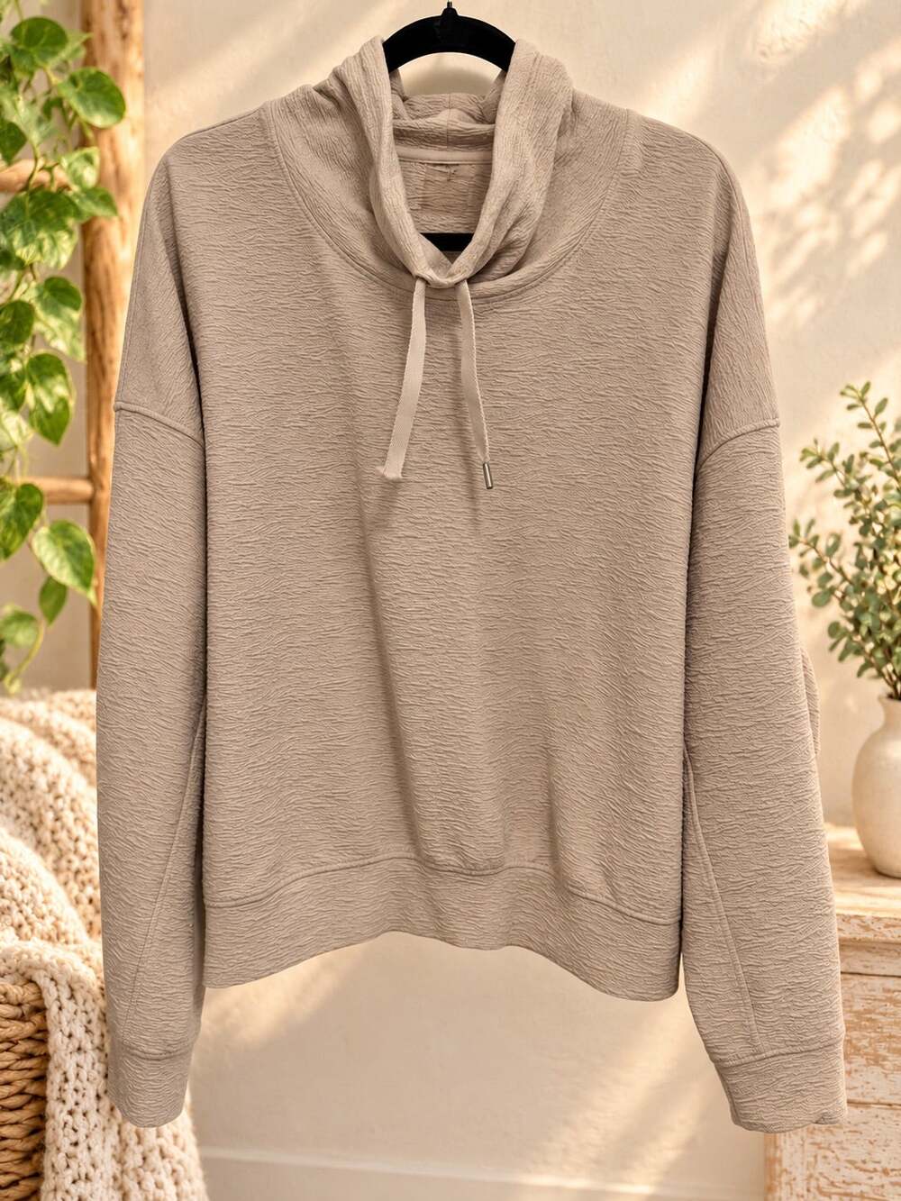 Danskin Taupe Textured Cowl Neck Pullover XL Relaxed Fit Long Sleeve Athleisure